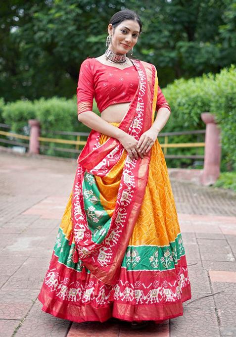 Multicolour Printed Tussar Silk Lehenga Set