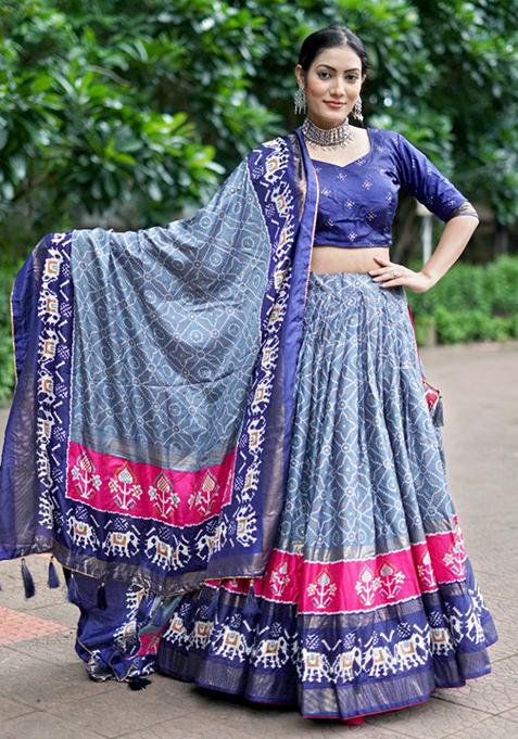 Multicolour Foil Print Tussar Silk Lehenga Set