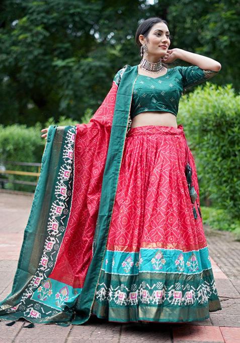 Multicolour Printed Tussar Silk Lehenga Set