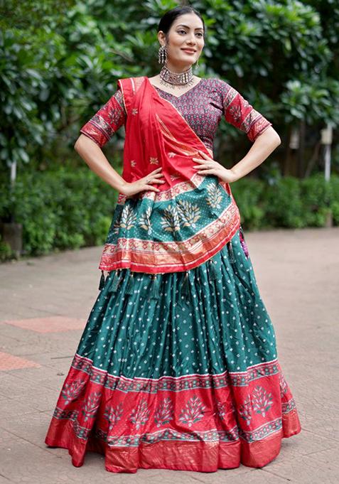 Multicolour Printed Tussar Silk Lehenga Set