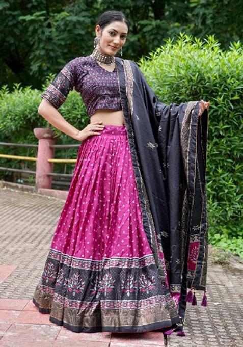 Multicolour Foil Print Tussar Silk Lehenga Set