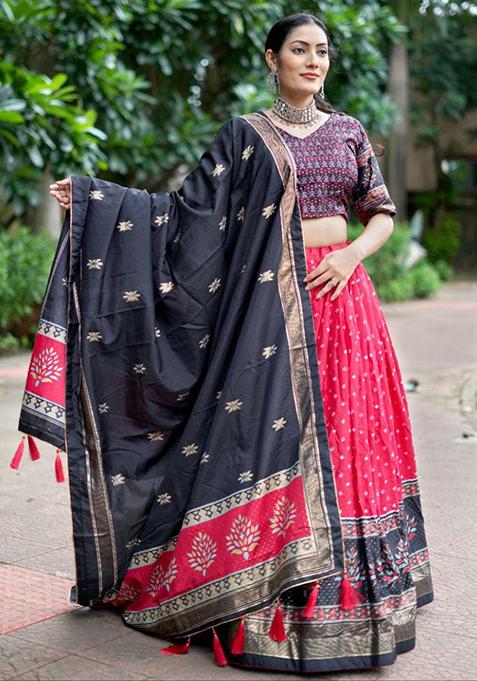 Multicolour Printed Tussar Silk Lehenga Set