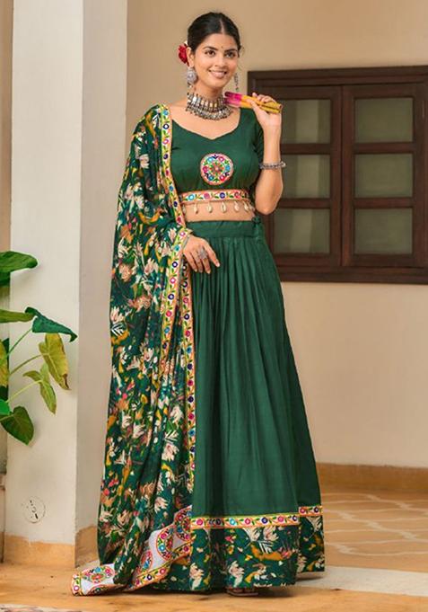 Green Printed Thread Embroidered Pure Rayon Lehenga Set