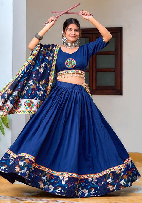 Navy Blue Printed Thread Embroidered Pure Rayon Lehenga Set