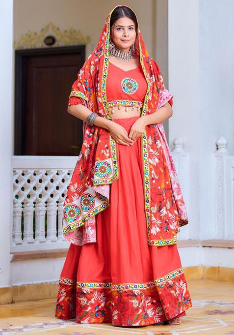 Orange Printed Thread Embroidered Pure Rayon Lehenga Set