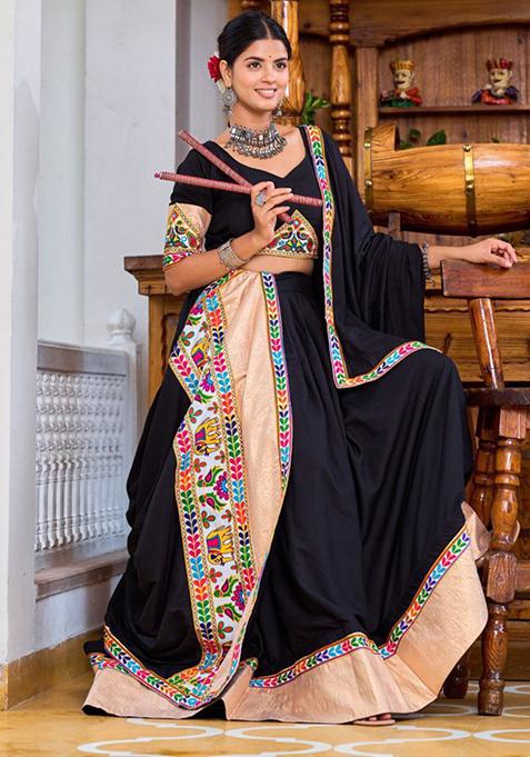 Black Printed Thread Embroidered Pure Rayon Lehenga Set