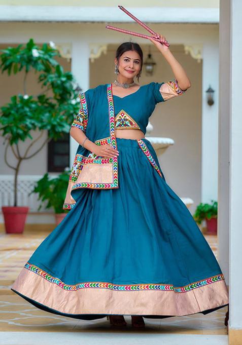 Blue Printed Thread Embroidered Pure Rayon Lehenga Set