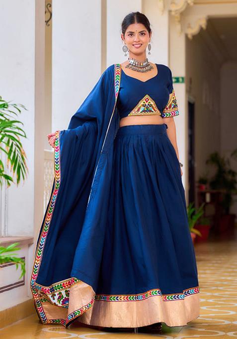 Navy Blue Printed Thread Embroidered Pure Rayon Lehenga Set