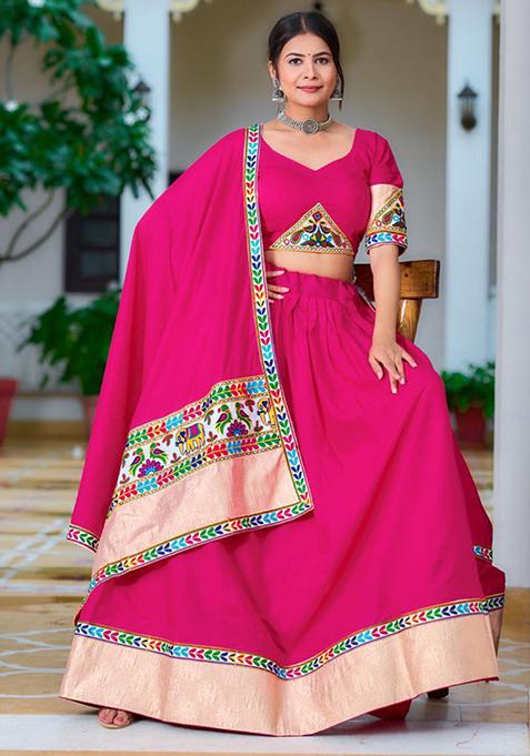 Pink Printed Thread Embroidered Pure Rayon Lehenga Set