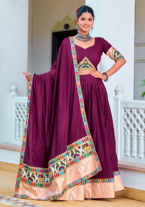 Purple Printed Thread Embroidered Pure Rayon Lehenga Set