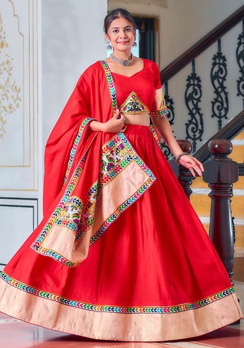 Red Printed Thread Embroidered Pure Rayon Lehenga Set