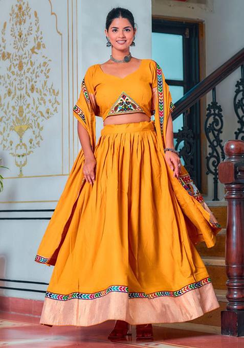 Yellow Printed Thread Embroidered Pure Rayon Lehenga Set