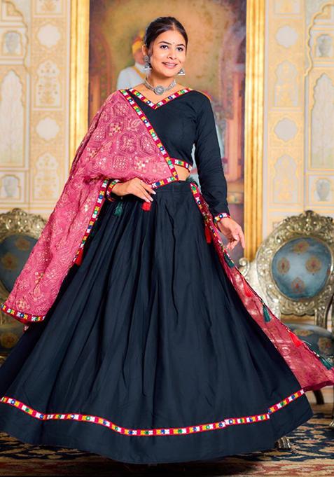 Black Printed Thread Embroidered Pure Rayon Lehenga Set