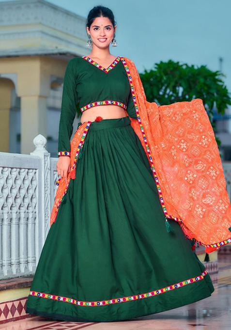 Green Thread Embroidered Pure Rayon Lehenga Set