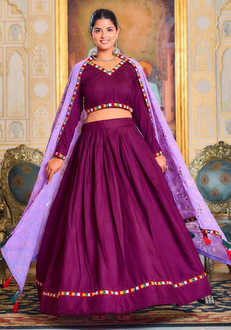 Purple Thread Embroidered Pure Rayon Lehenga Set