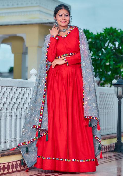 Red Thread Embroidered Pure Rayon Lehenga Set