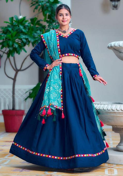 Navy Blue Thread Embroidered Pure Rayon Lehenga Set