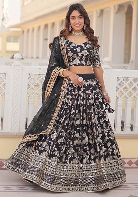 Black Embroidered Viscose Jacquard Lehenga Set