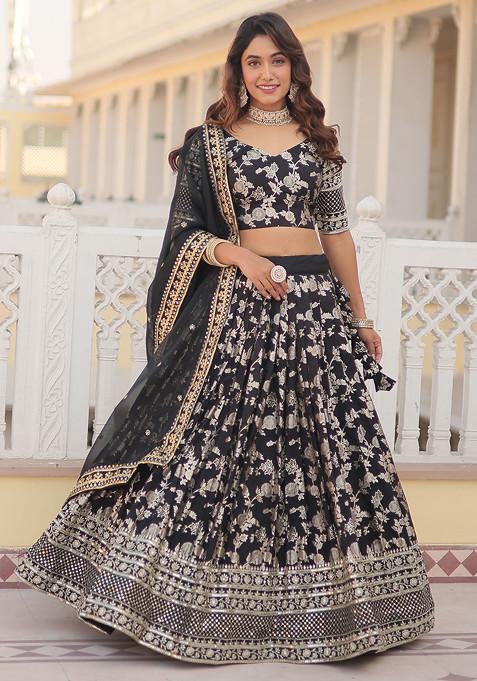 Black Embroidered Viscose Jacquard Lehenga Set