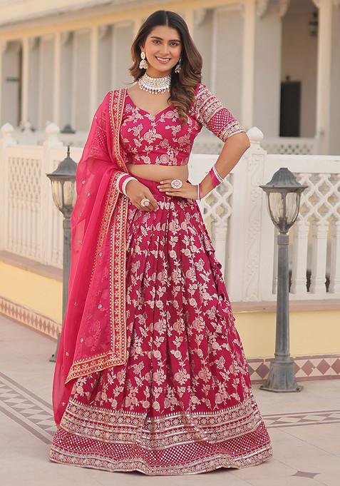 Pink Embroidered Viscose Jacquard Lehenga Set