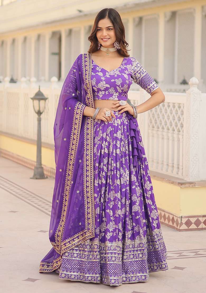 Purple Embroidered Viscose Jacquard Lehenga Set for Diwali and Festive Wear - Indya
