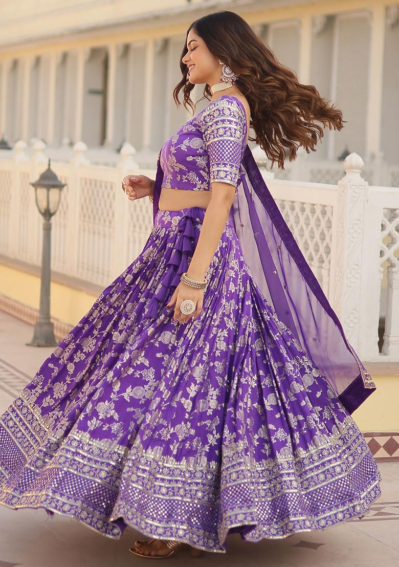Purple Embroidered Viscose Jacquard Lehenga Set