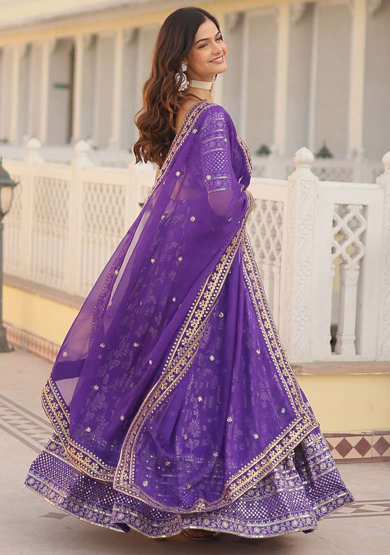 Purple Embroidered Viscose Jacquard Lehenga Set for Diwali and Festive Wear - Indya