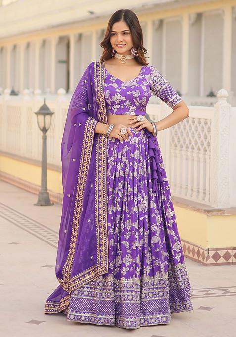 Purple Embroidered Viscose Jacquard Lehenga Set