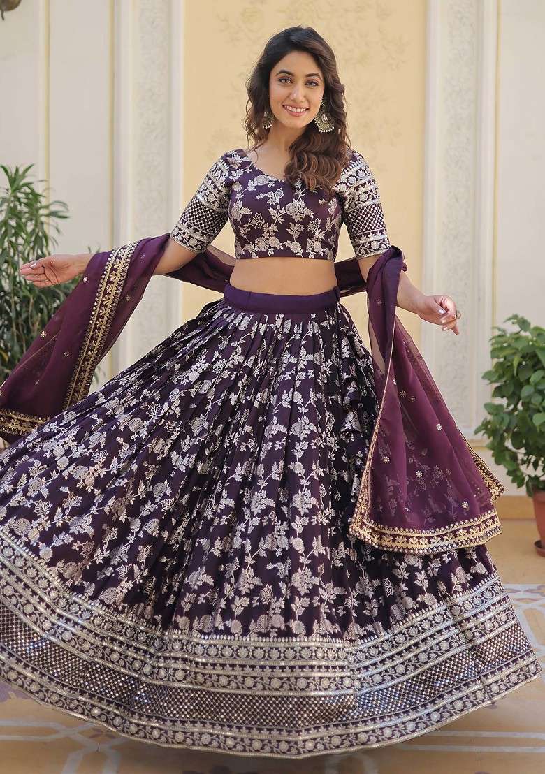Wine Embroidered Viscose Jacquard Lehenga Set for Diwali and Festive Wear - Indya