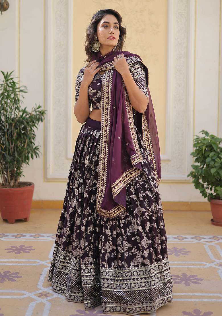 Wine Embroidered Viscose Jacquard Lehenga Set for Diwali and Festive Wear - Indya