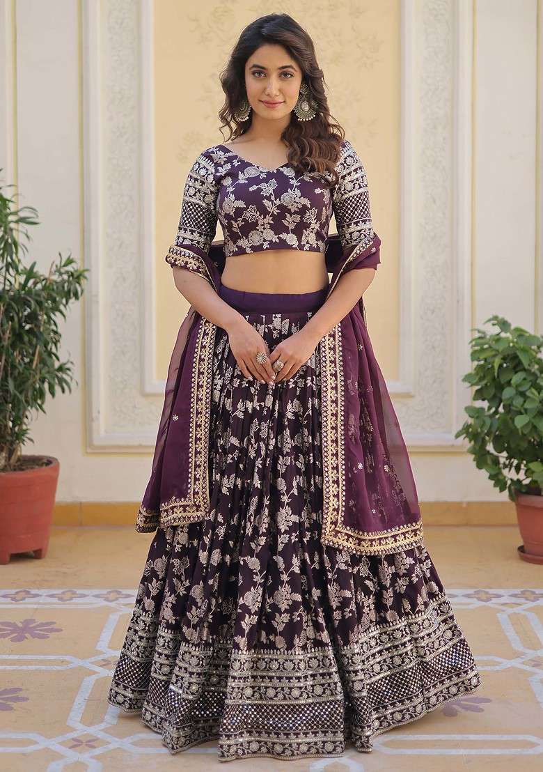 Wine Embroidered Viscose Jacquard Lehenga Set for Diwali and Festive Wear - Indya