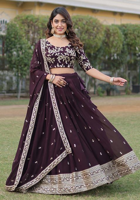 Brown Sequin Embroidered Faux Georgette Lehenga Set