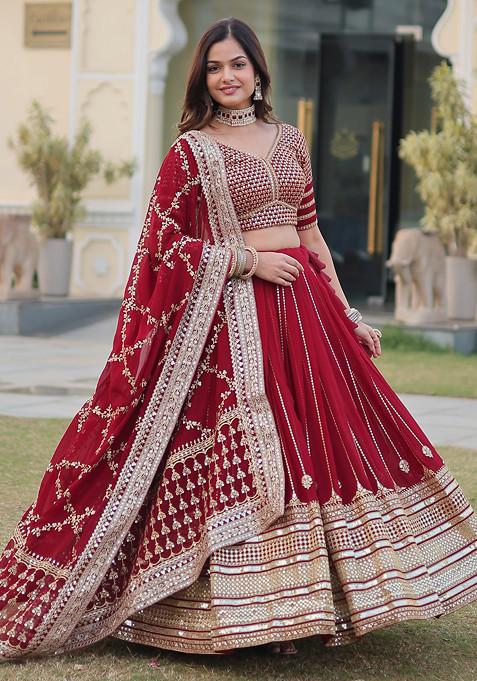 Maroon Sequin Embroidered Faux Georgette Lehenga Set