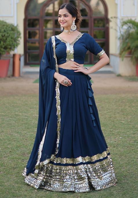 Teal Blue Sequin Embroidered Faux Georgette Lehenga Set