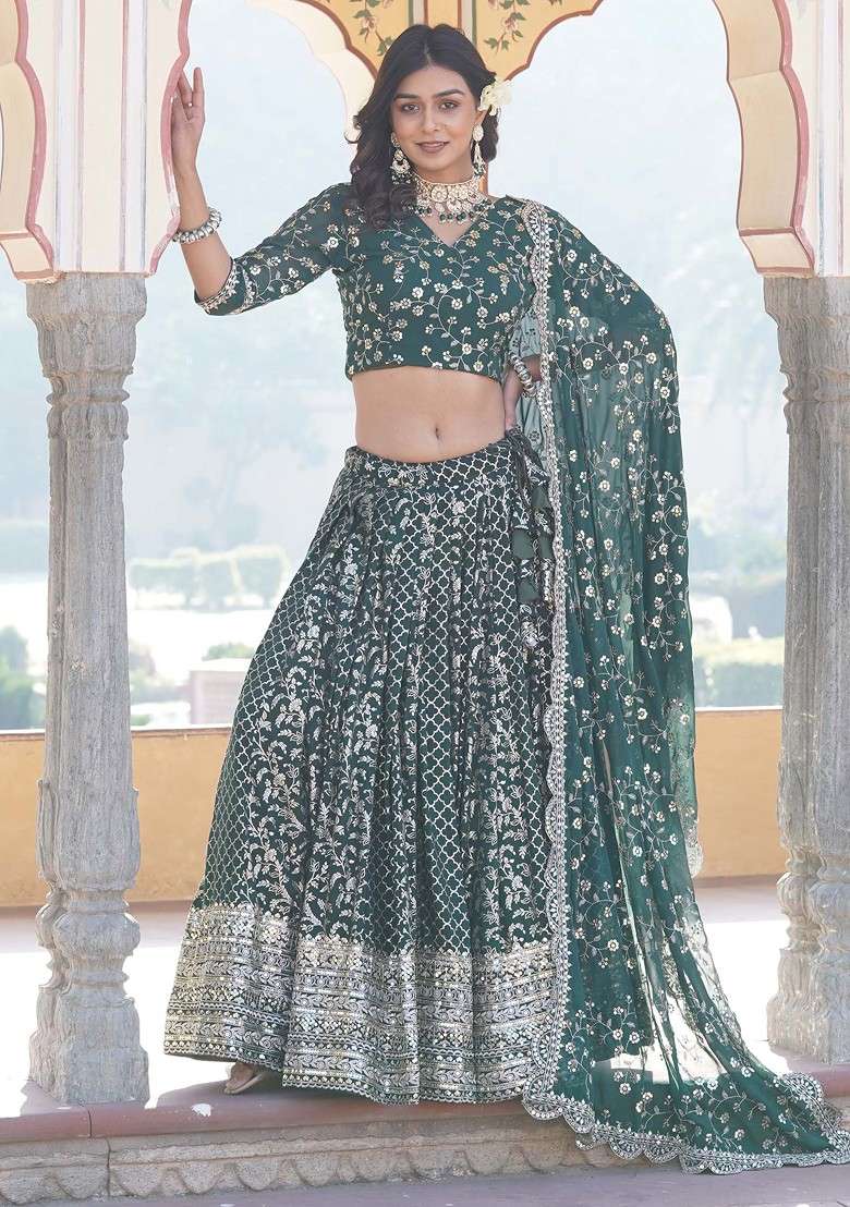 Green Jacquard Pure Viscose Lehenga Set with Embroidered & Sequin for Diwali | Wedding & Festive Wear - Indya