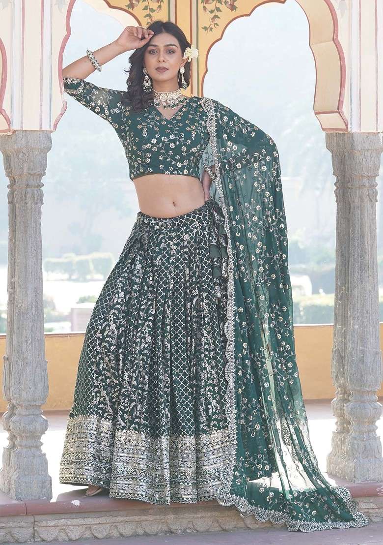 Green Jacquard Pure Viscose Lehenga Set with Embroidered & Sequin for Diwali | Wedding & Festive Wear - Indya