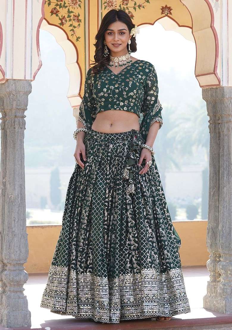Green Jacquard Pure Viscose Lehenga Set with Embroidered & Sequin for Diwali | Wedding & Festive Wear - Indya