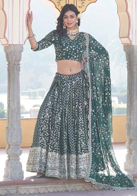 Green Jacquard Sequin Embroidered Pure Viscose Lehenga Set