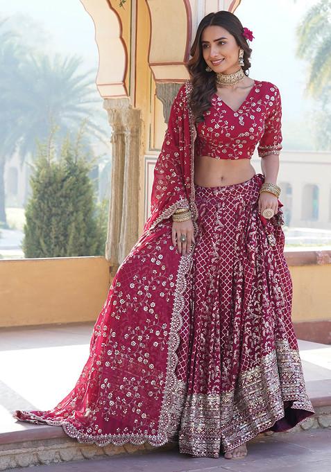 Rani Pink Sequin Embroidered Pure Viscose Jacquard Lehenga Set