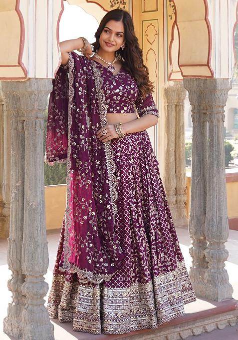 Wine Sequin Embroidered Pure Viscose Jacquard Lehenga Set