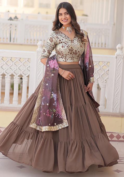 Beige Sequin Embroidered Pure Georgette Lehenga Set