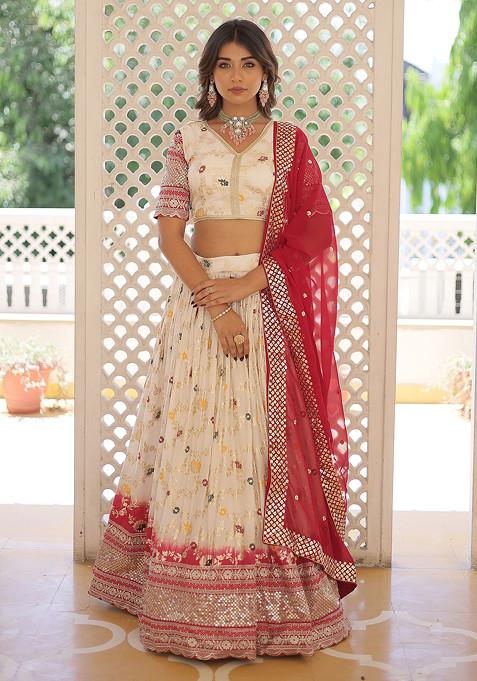 White Viscose Jacquard Sequin Embroidered Lehenga Set