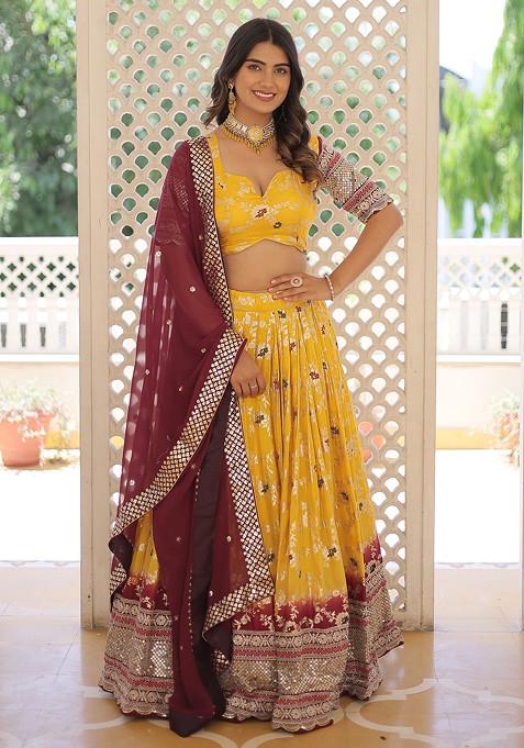 Yellow Viscose Jacquard Sequin Embroidered Lehenga Set