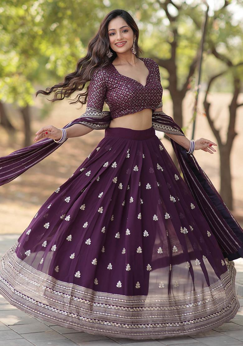 Wine Faux Blooming Sequin Embroidered Lehenga Set