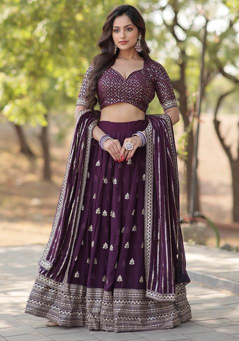 Wine Faux Blooming Sequin Embroidered Lehenga Set