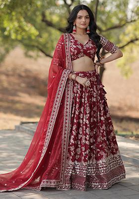 Maroon Pure Viscose Jacquard Sequin Embroidered Lehenga Set