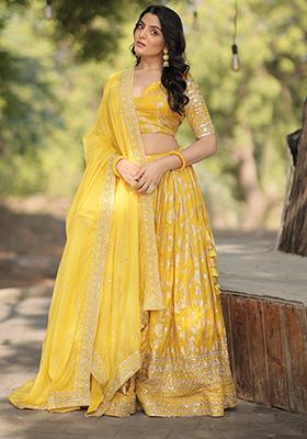 Yellow Pure Viscose Jacquard Sequin Embroidered Lehenga Set