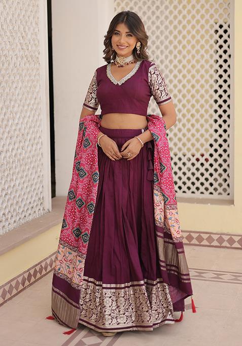 Wine Viscose Jacquard Printed Lehenga Set