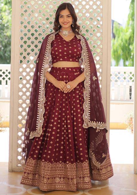 Wine Sequin Embroidered Pure Viscose Jacquard Lehenga Set