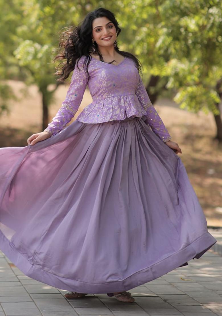 Lavender Sequin Embroidered Vichitra Shimmer Lehenga Set